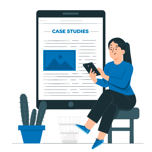 Women holding tablet with a preview behind her showing case studies