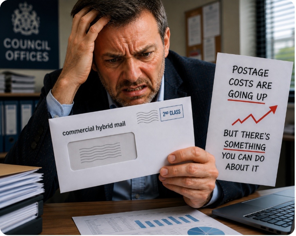 man holding up an envelope in distress with a sign beside him saying "postage costs are going up, but there's something you can do about it"