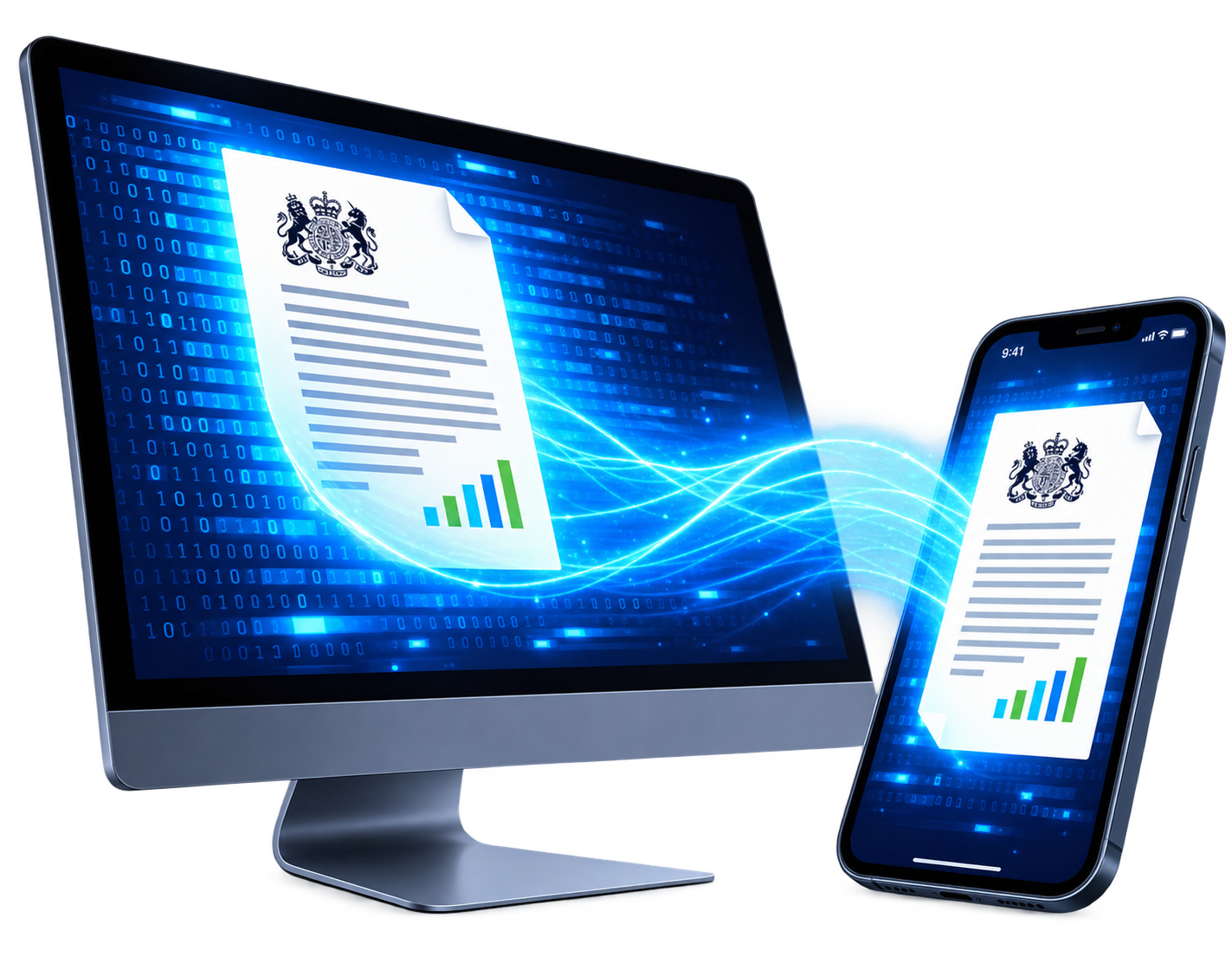 image of a phone and desktop with a document going from one to another